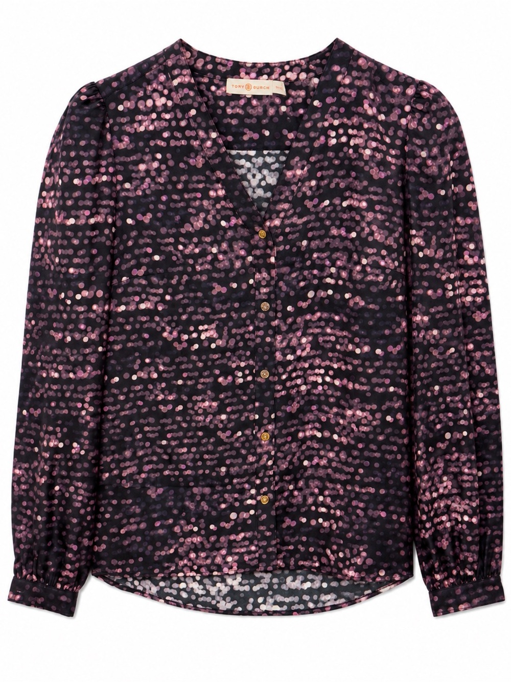 Tory Burch Jayden Blouse XS Black Flash 100% Silk Purple Print Long Sleeve NWT